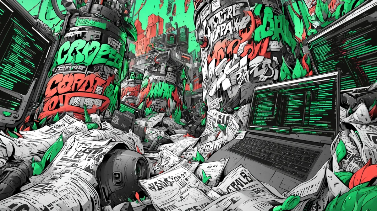 Illustration of a dense city of code: laptops and terminals covered in graffiti lettering
