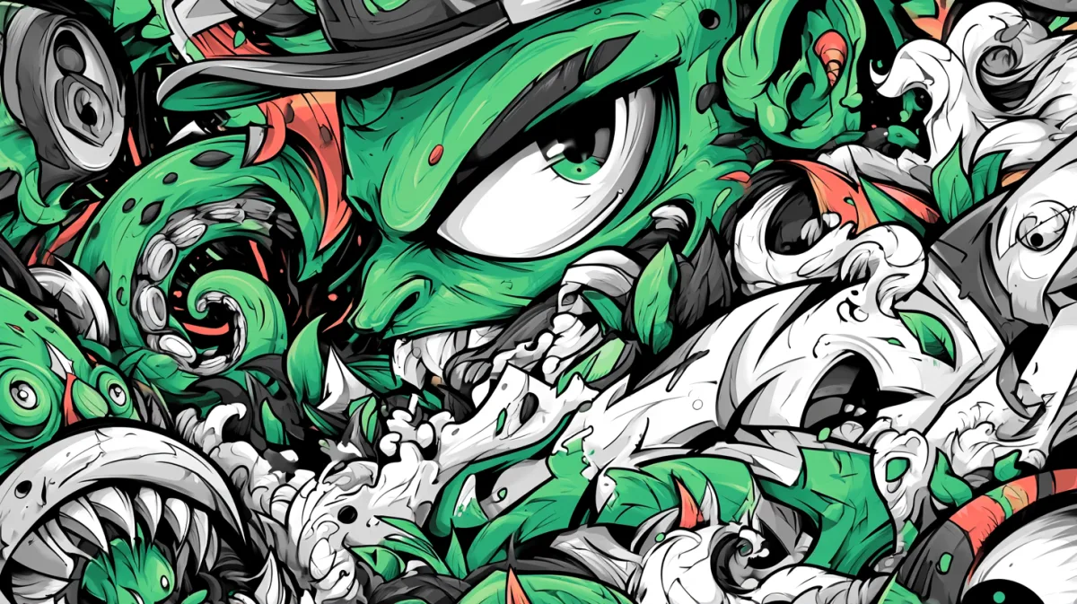Graffiti-style illustration in green, red and white