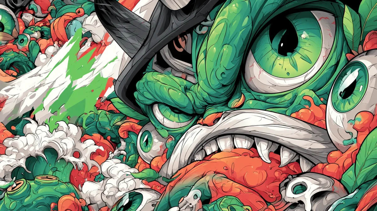 Graffiti-style illustration in green, red and white