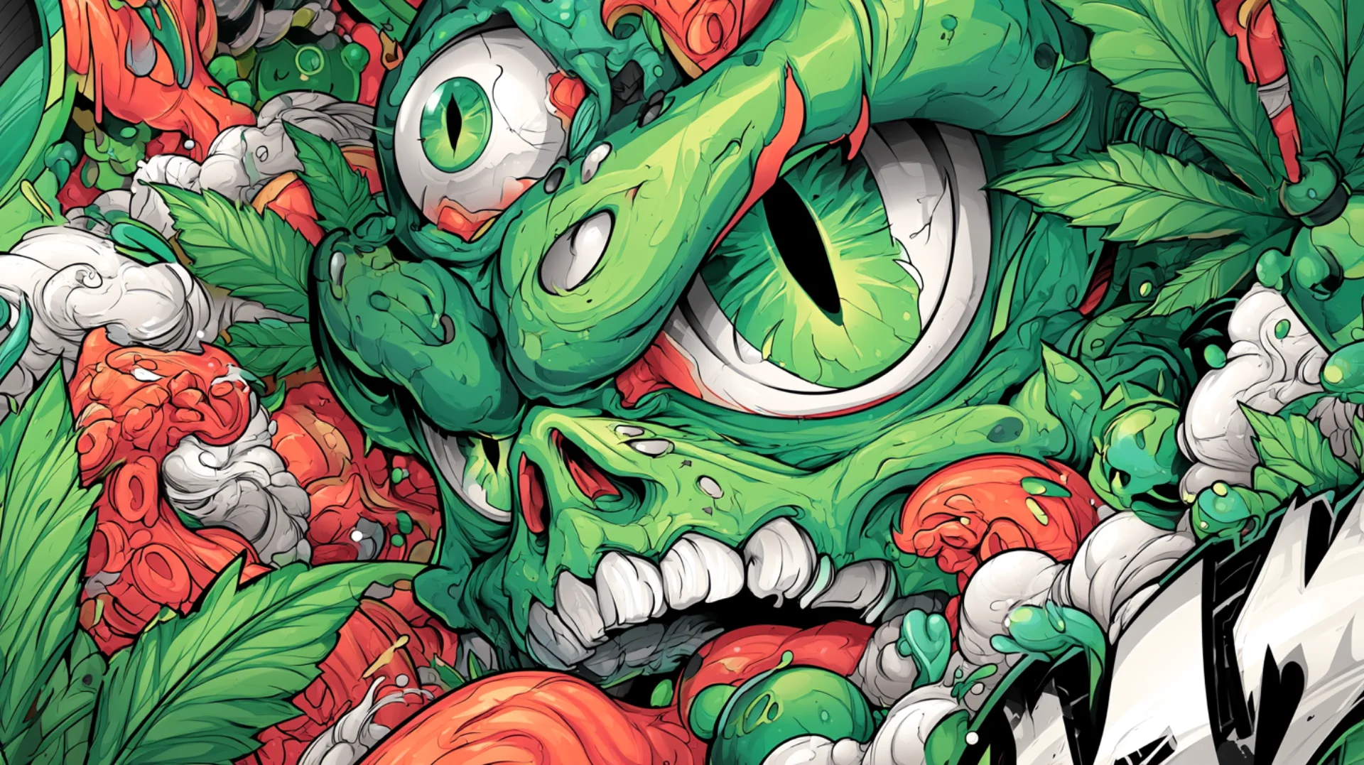 Graffiti-style illustration in green, red and white