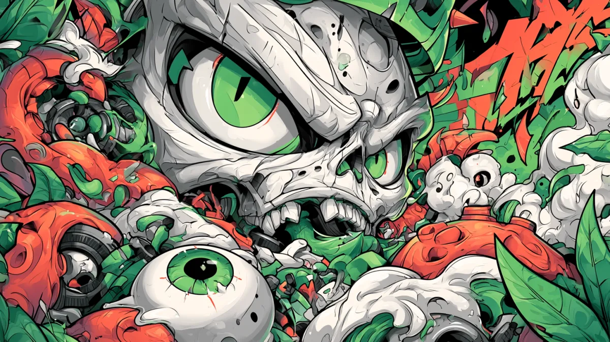 Bold graffiti-style illustration in green, red and white